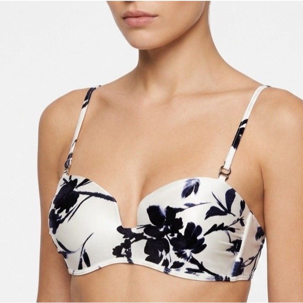 Athleta Aqualuxe Plunge Swim Bikini Top S Small B C Cup Blue White Floral NEW